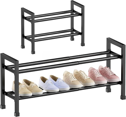 Abiglifty 2-Tier Expandable Shoe Rack,17"-33" Adjustable Shoe Rack for Closet,Metal Shoes Shelves for Front Door Entrance, Garage & Corridor, Free Standing Shoe Holders, Easy to Assemble,Black