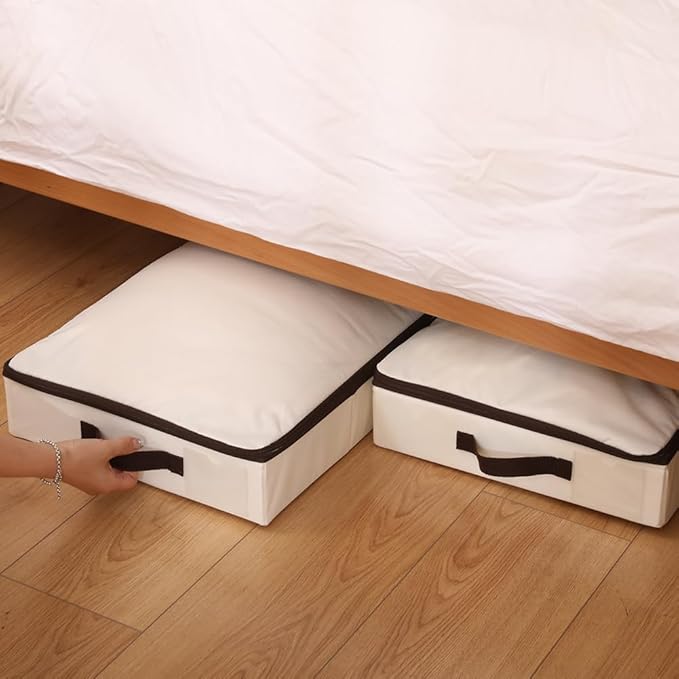 AMJ 2-Pack 4” Height Under-Bed Storage Baskets | Foldable Fabric Drawers for Clothes, Shoes, and Bedding, Beige