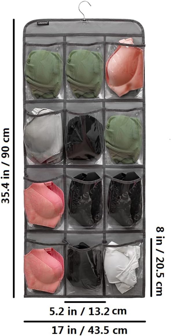 Dual Sided Hanging Shoe Organizer for Closet with Rotating Hanger Hanging Shoe Rack Holder with 24 Large Pockets (GREY-Clear Pockets)