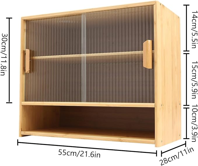 OUKANING 3 Tiers Small Bamboo Kitchen Pantry Sideboard with 2 Sliding Striped Glass Doors, Freestanding Kitchen Pantry Cabinet for Bottle, Dish, Bowl Console Dining Cupboard, Log-Colored