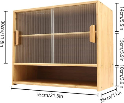 OUKANING 3 Tiers Small Bamboo Kitchen Pantry Sideboard with 2 Sliding Striped Glass Doors, Freestanding Kitchen Pantry Cabinet for Bottle, Dish, Bowl Console Dining Cupboard, Log-Colored