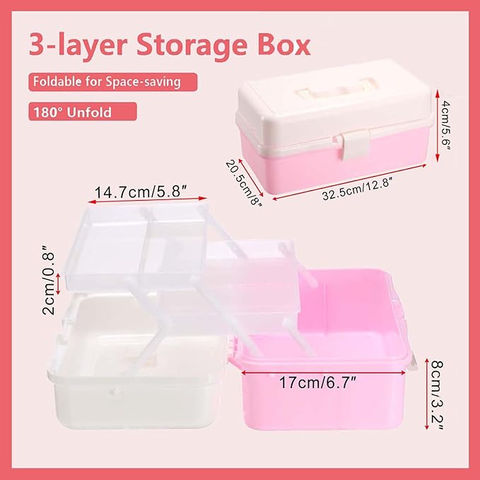Hipiwe Plastic Hair Accessories Organizer Three-layer Folding Craft Organizer with Dividers Home Utility Case with Handle for Hair Tool Nail Art Tool Makeup, Pink