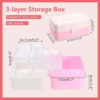 Hipiwe Plastic Hair Accessories Organizer Three-layer Folding Craft Organizer with Dividers Home Utility Case with Handle for Hair Tool Nail Art Tool Makeup, Pink