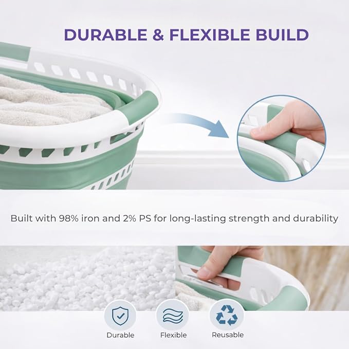 Laundry 360 Collapsible Laundry Basket | Portable | Space Saver Storage | Hold 2 Loads | Store Under the Bed or Closet | Good for Kids | Dorm | Bedroom | Large | White/Sage