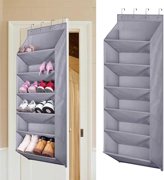 Hanging Shoe Rack, Over The Door Shoe Organizer with 6 Deep Pockets, 6 Tier Large Deep Pockets Door Shoe Rack for Clothing Hats 16 Pair Shoes