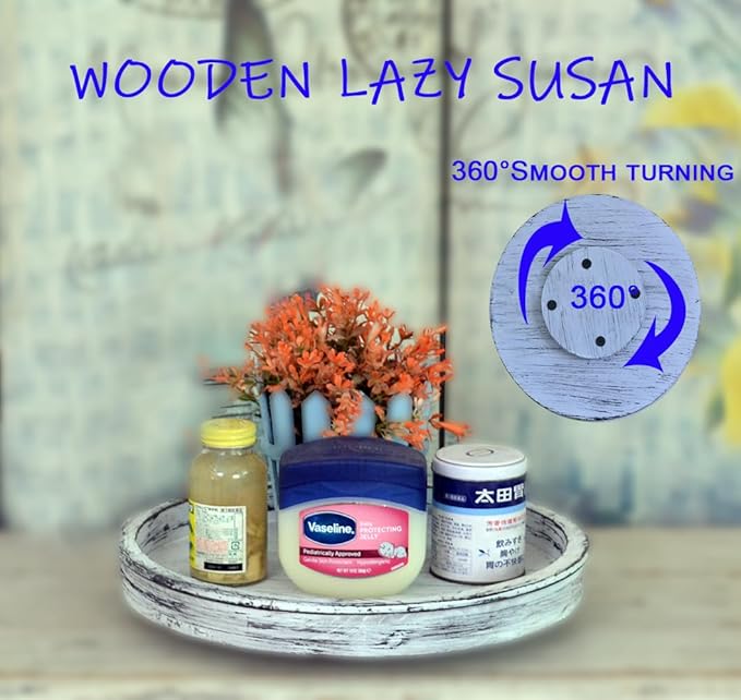 14Inch Rustic Round Wood Lazy Susan Distressed Tray-Distressed Farmhouse Turntable Tray, Cabinet Organizer, and Dining Table (White)