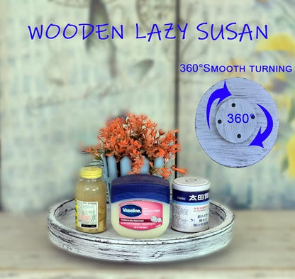 14Inch Rustic Round Wood Lazy Susan Distressed Tray-Distressed Farmhouse Turntable Tray, Cabinet Organizer, and Dining Table (White)