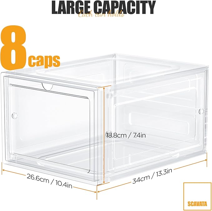 SCAVATA Hat Organizer Box, Stackable Clear Baseball Caps Holder Box Containers with Magnetic Door for Hats Snapback Cap Storag, Hat Rack Display Case, Holds 8 Hats Each (Clear, 2 Pack)
