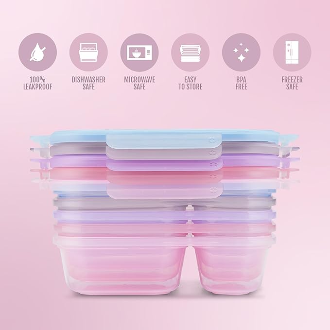 Ello Snap & Nest 10-Piece 3 Cup Plastic Divided Meal Prep Set, Reusable Food Containers for Healthy Eating, Freezer, Dishwasher Safe, Berry Fields