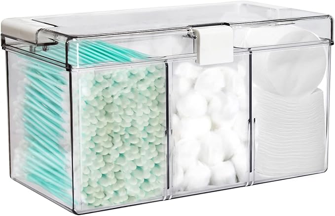 KIMCHOMERSE Large Qtip Holder, Cosmetic Organizer with Carry Handle, Adjustable 3 Compartments Qtip Dispenser for Swabs, Cotton Pads, Small Items Storage Organizer for Desktops and Drawers - Clear
