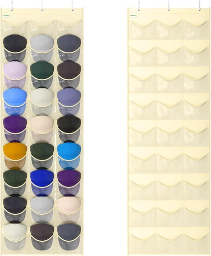 Baseball Hat Rack, 27 Pocket Over-The-Door Hat Organizer with Clear Deep Pockets to Display Baseball Caps Collection, Complete with 3 Over Door Hooks (Beige, 27 Pockets)