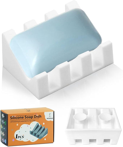 Self Draining Silicone Soap Dish with Suction Cups - Non-Slip Bar Soap Holder for Shower & Kitchen, Waterfall Tray Keeps Soap Dry, Easy Clean, Extends Soap Life (White, 1 Pack)