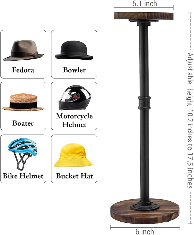 MyGift 2 Pcs Hat Organizer for Baseball Caps, Cowboy Hat Rack Stand for Helmet with Adjustable Height, Tabletop Wig or Jewelry Display Riser, Rustic Burnt Wood with Industrial Metal Pipe