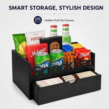 Snack Bar Organizer – Black 3 Compartment Station with Drawer, Countertop Pantry Organizer for Kitchen, Office Food Holder, Candy Storage Bin, Display Stand, Cabinet Tray & Shelf