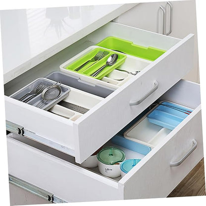 Telescopic Cutlery Storage Tray Kitchen Organizer Multi-divided Design for Versatile Storage Container for White Green