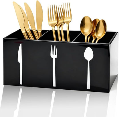 Black Acrylic Cutlery Storage Organizer,Plastic Silverware Holder,Silverware Caddy 3 Section Tableware Plastic Holder for Kitchen Storage Indoor Outdoor Decoration Supplies