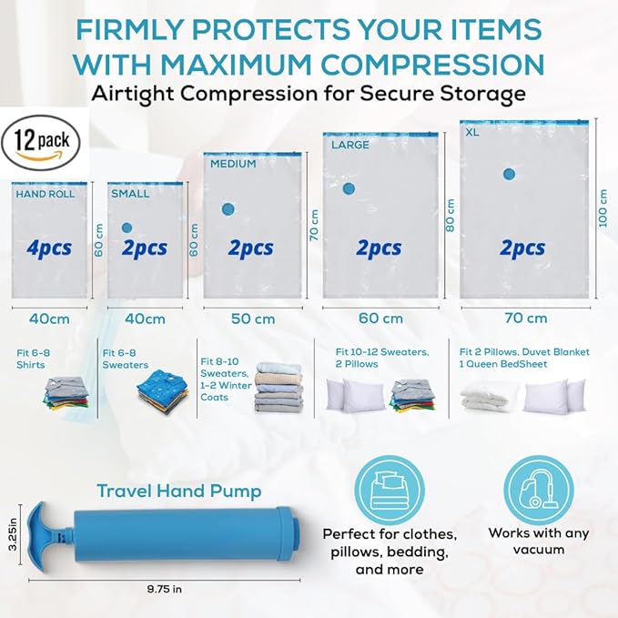 Yan & Hin Vacuum Storage Bags for Clothes, Space Saver Bags for Closet Organization,Clothing Storage, (2 Jumbo/2 Large/2 Medium/2 Small /4 Travel Compression Bags) with Hand Pump (12 Combo)