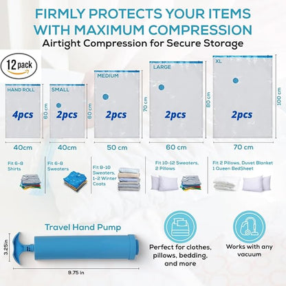 Yan & Hin Vacuum Storage Bags for Clothes, Space Saver Bags for Closet Organization,Clothing Storage, (2 Jumbo/2 Large/2 Medium/2 Small /4 Travel Compression Bags) with Hand Pump (12 Combo)