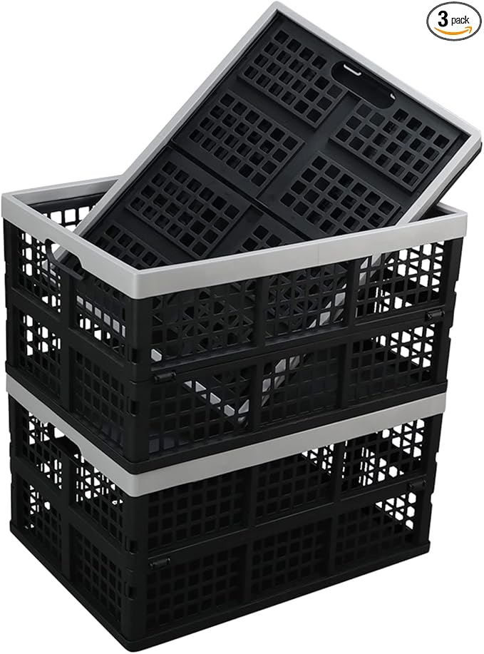 Kekow 3-Pack Black Plastic Collapsible Storage Basket, 42 L Folding Crates Storage