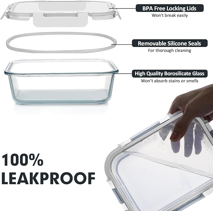 VERONES 30 Pieces Glass Meal Prep Containers Set, Stackable Food Storage Containers with Lids-Airtight Glass Lunch Containers，for Microwave, Oven, Freezer & Dishwasher,White