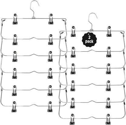 Skirt Pants Hangers with Clips,6Tier Skirt Hangers Space Saving,Metal Multi Pants Hangers and Storage Multi Clothes Shorts Hanger Organization,Space Saving Hangers with Clips (Black, 2-Piece Set)