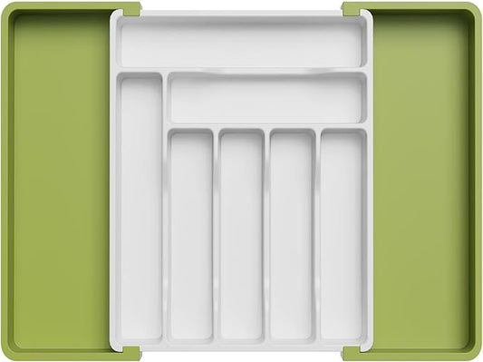 Lifewit Utensil Organizer for Kitchen Drawer, Expandable Cooking Silverware Tray, Adjustable Cutlery Flatware Holder, Plastic Spatula Tools Storage Divider, 13-22.4 x 15", Green&White