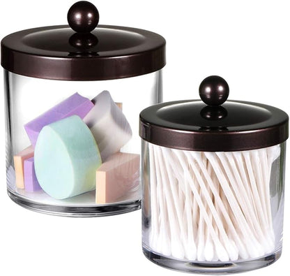 SheeChung 2-Pack Plastic Apothecary Jars with Bronze Metal Lids-25oz & 15oz Clear Acrylic Qtip Holder Set- Shatterproof Bathroom Vanity Organizer for Cotton Balls, Swabs-Modern Farmhouse Rustic Decor