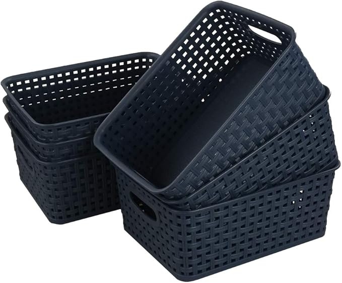 Sandmovie Plastic Weave Storage Baskets for Kitchen Bathroom, Navy Blue, 6 Packs