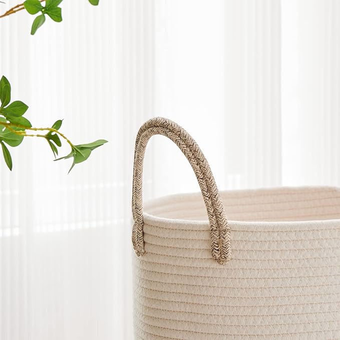VIPOSCO Large Laundry Hamper, Tall Woven Rope Storage Basket for Blanket, Toys, Dirty Clothes in Living Room, Bathroom, Bedroom - 72L White & Brown