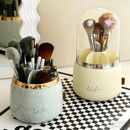 360 Rotating Makeup Brush Holder with Lid Clear Dustproof Make Up Organizers for Vanity Countertop Includes a Foldable Bowl for Cleaning Makeup Brush Transparent Dustproof(Beige)