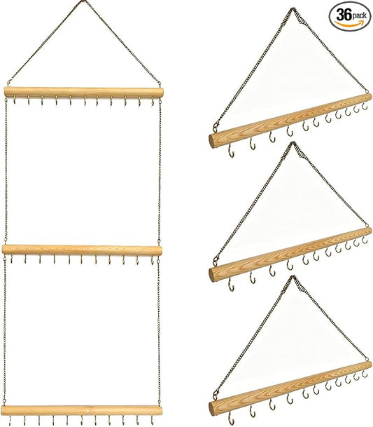 Hanging Jewelry Organizer with 36 Hooks - 15.7 Inch Hanging Wooden Display Rack for Necklaces, Bracelets, Earrings, Headbands - Space Saving Decor