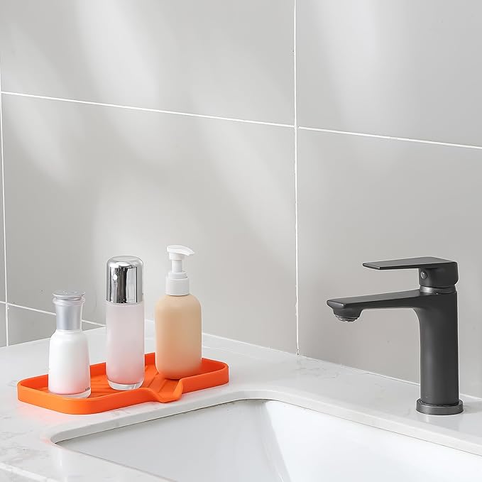 MicoYang Silicone Bathroom Soap Dishes with Drain Spout-Bathroom and Kitchen Sink Organizer,Sponge Holder,Dish Soap Tray,Perfect for Dispenser,Scrubber,Bottle,Cup on Sink or Counter-Orange 9.6"×5.3"
