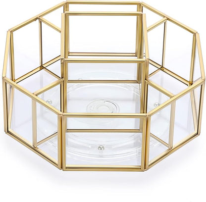 Hipiwe 360 Degree Rotating Glass Makeup Organizer- 5 Slots Gold Metal Cosmetic Storage Display Holder Octagon Dresser Bathroom Spinning Vanity Organizer For Makeup Brushes, Lipsticks, Perfume