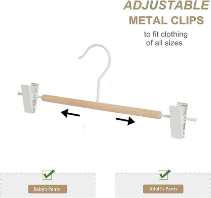 Premium Matt Metal Pants Hanger 20 Pack Smooth Beech Wood Pants Bar,Solid Natural Wooden Pant Bottom Hangers, Trouser Hangers for Slacks Jeans with 2-Adjustable Anti-Rust Clips (Pant Hanger)