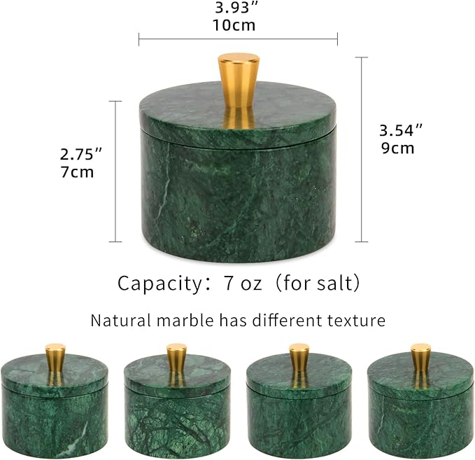 Marble Salt Cellar with Lid, 4 inch Natural Stone Salt Pepper Box, Alloy Lid for Kitchen Countertop Storage (Blackish Green, 4 * 3.5)