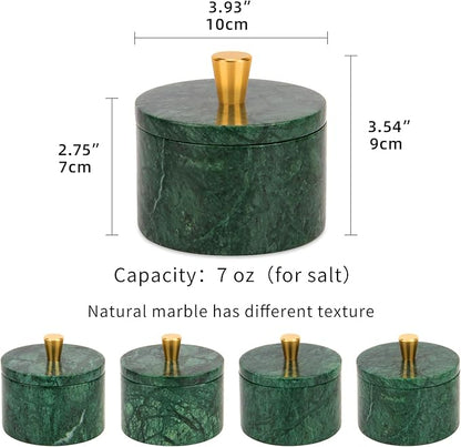 Marble Salt Cellar with Lid, 4 inch Natural Stone Salt Pepper Box, Alloy Lid for Kitchen Countertop Storage (Blackish Green, 4 * 3.5)