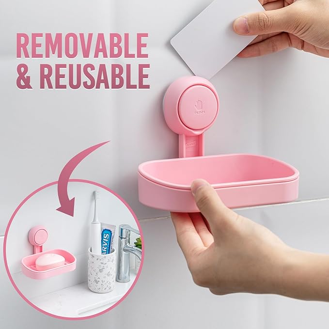 TAILI Soap Holder Soap Dish for Shower, Suction Cup Soap Holder for Shower Wall, Bathroom Accessories, Removable Strong Hold Soap Saver, Drill Free, Pink 2 Set
