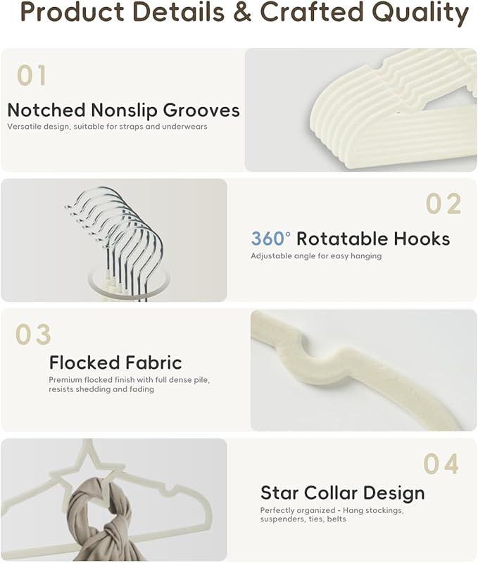 GoodtoU 50 Pack Velvet Baby Hangers, 12.8 Inch Non-Slip Toddler Clothes Hangers, for Infant Coats, Dresses & Pants, White - Star