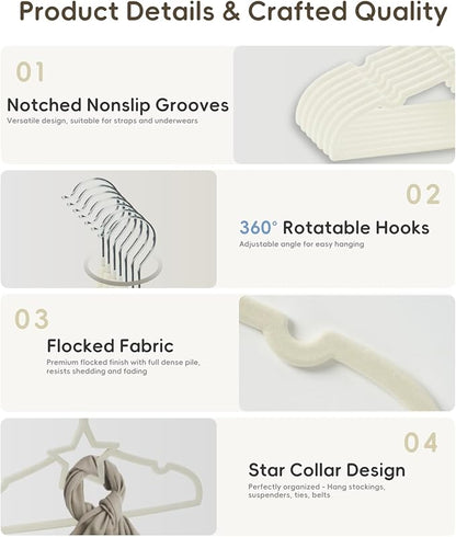 GoodtoU 50 Pack Velvet Baby Hangers, 12.8 Inch Non-Slip Toddler Clothes Hangers, for Infant Coats, Dresses & Pants, White - Star