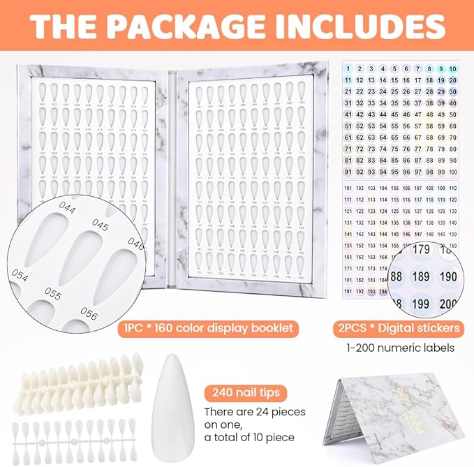 160-Color Nail Tip Display Book with 240 Blank Tips - Portable Folding Organizer for Salon Professionals & DIY Nail Art, Tool-Free Installation, Numbered for Easy Color Matching