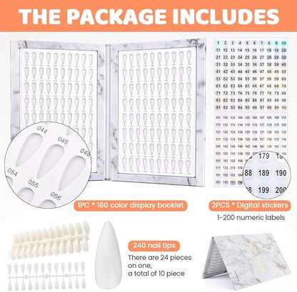 160-Color Nail Tip Display Book with 240 Blank Tips - Portable Folding Organizer for Salon Professionals & DIY Nail Art, Tool-Free Installation, Numbered for Easy Color Matching