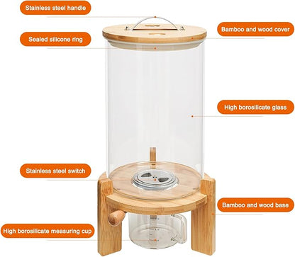 7.5L Rice Dispenser, Flour and Cereal Container, Glass Food Storge Container with Airtight Lid and Wooden Stand for Rice, Beans, Ground Coffee (7.5L)