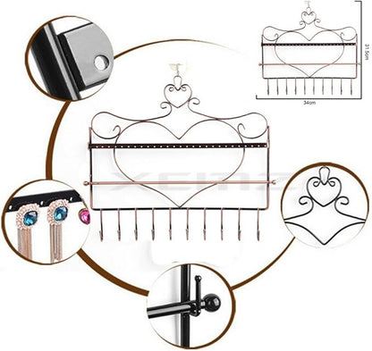 Wall Hanging Jewelry Organizer Holder, 28 Hooks Wall Mounted Storage Shelf, Heart Shape Earrings Necklace Display, Bracelet Key Chain Bangle Metal Hanger Rack – Gift for Ladies Women (Brown)