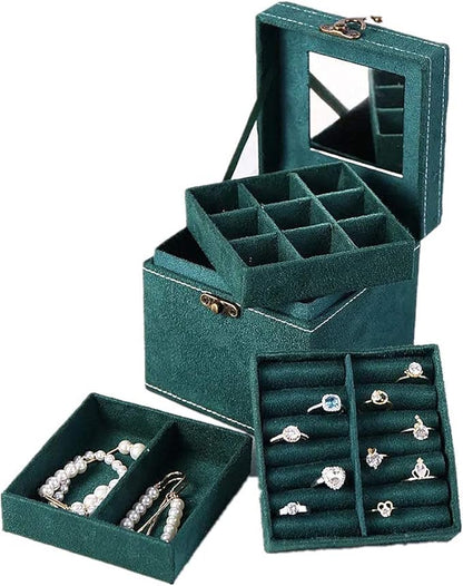 without brand 3-layer New jewelry storage box flannel jewelry storage box creative earrings earrings ring retro jewelry box (green)