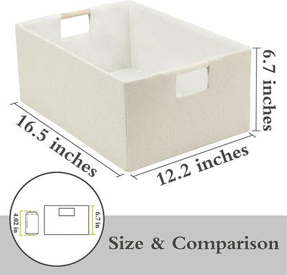 Foldable Fabric Storage Cubes, Cloth Storage Baskets with Wooden Handles, Shelf Closet Organizer Bins, Rectangular Linen Storage Boxes for Decor, 16.5 x 12.2 x 6.7 Inches