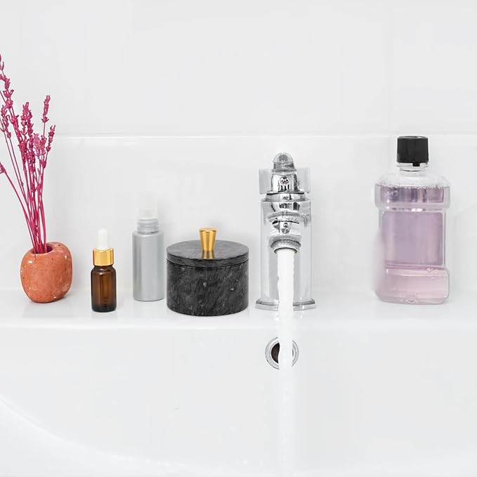 Marble Salt Cellar with Lid, 4 inch Natural Stone Salt Pepper Box, Alloy Lid for Kitchen Countertop Storage (Dark Grey, 4 * 3.5)