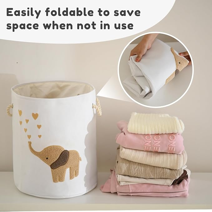 Baby Laundry Basket Laundry Hamper, Canvas 58L XL Baby Clothes Basket, Collapsible Brown Laundry Basket for Nursery Toy Baskets with Drawstring Closure, KidsRoom Decor for Boys