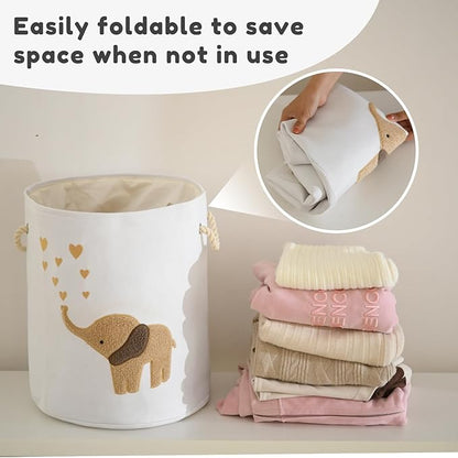 Baby Laundry Basket Laundry Hamper, Canvas 58L XL Baby Clothes Basket, Collapsible Brown Laundry Basket for Nursery Toy Baskets with Drawstring Closure, KidsRoom Decor for Boys