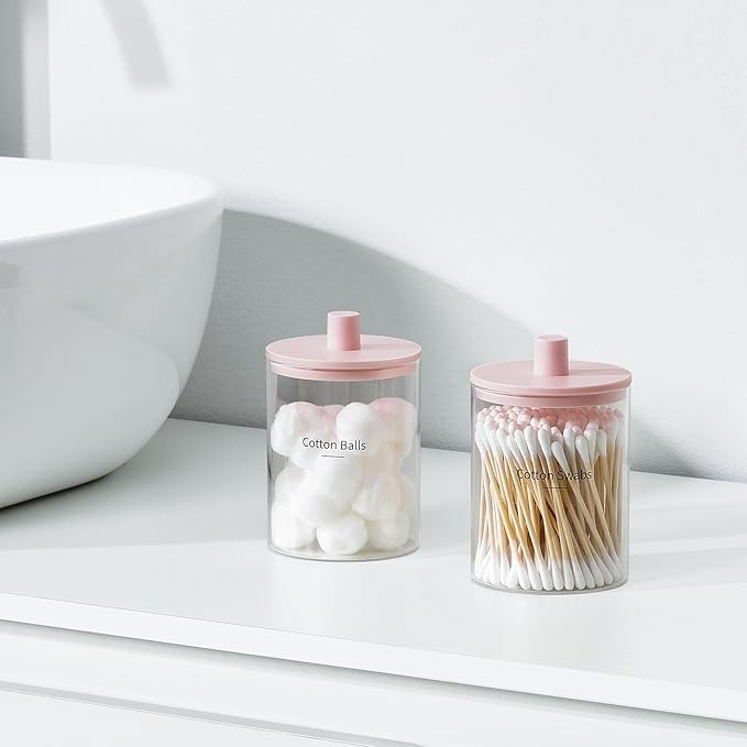 3 Pack Glass Qtip Holder Dispenser- 10 oz Clear Canister Apothecary Jar, Bathroom Vanity Storage Organizer Set for Cotton Swabs, Pads, Floss Picks, Small Containers for Makeup Storage (Pink)