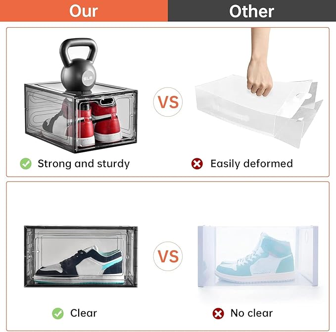 INSTY 12 Pack Gray Transparent Shoe Storage Organizer, Stackable Shoe Boxes for Closet, Drop Front Plastic Shoe Box with Grey Door, Easy to Assemble, Fit up US Size 12(13.4”x 9.8”x 7.1”)